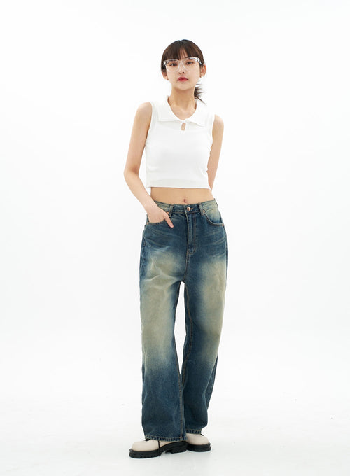 Bleached Wide Leg Denim Pants CA07