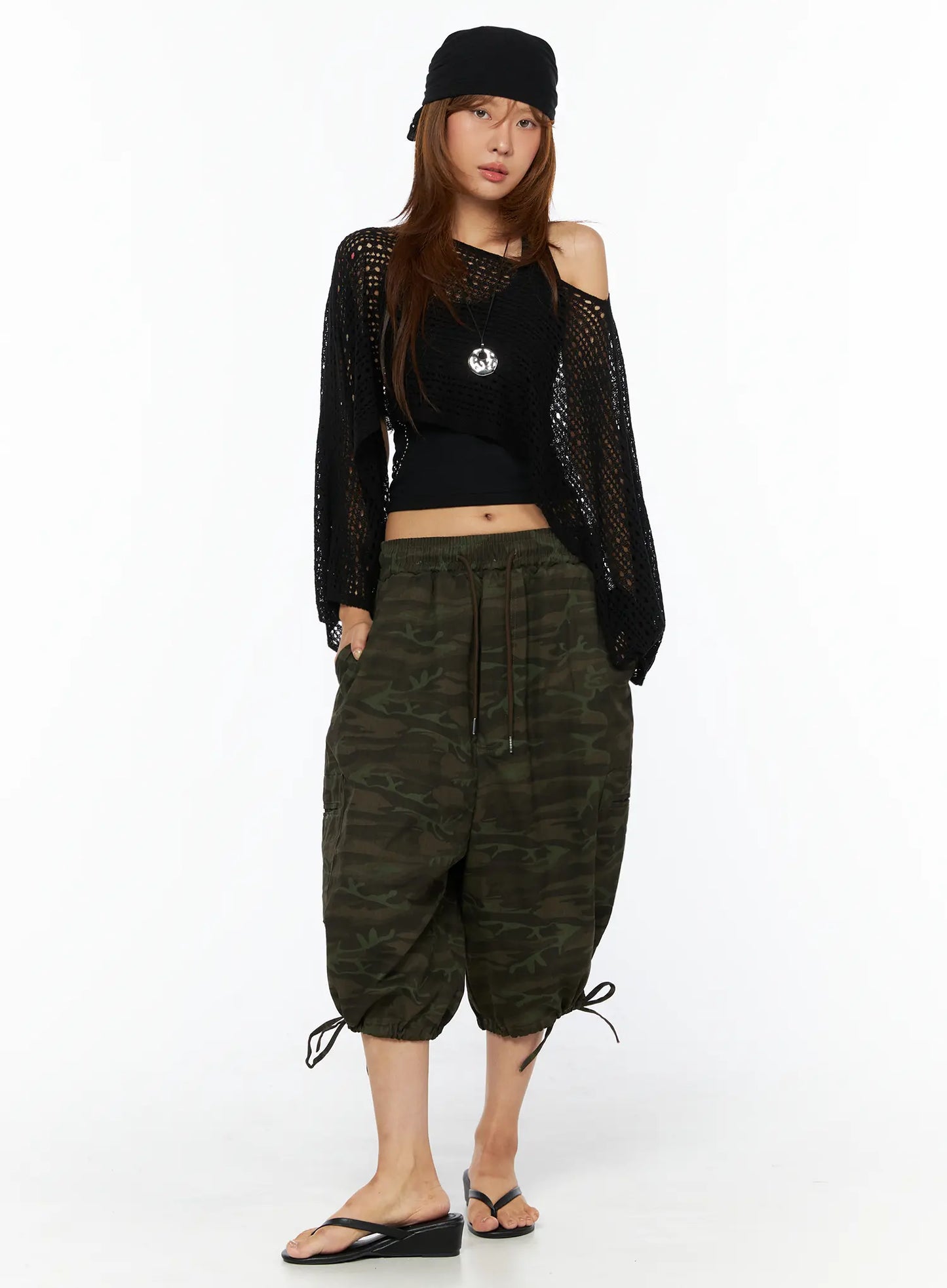 Camouflage Drawstring Wide Shorts CU517