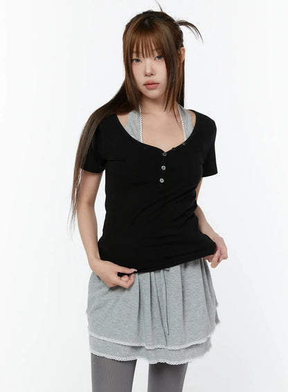 Basic Heart Neck Button Top CY519
