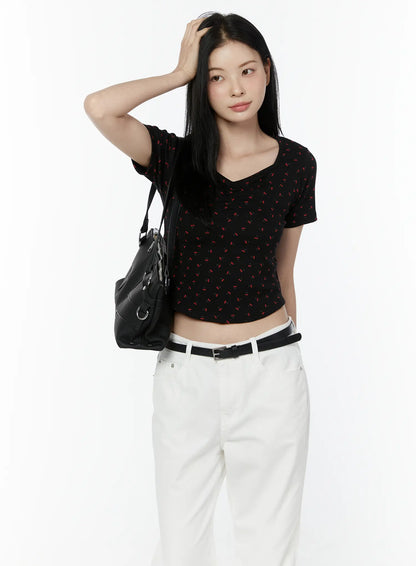 Cherry Print Sweetheart Neckline Tee IU505