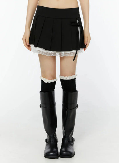Chic Pleated Ribbon Lace Trim Mini Skirt IU518