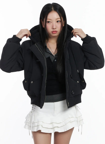 Button Faux Fur Crop Puffer Jacket CD529