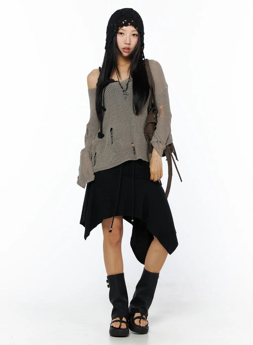Asymmetric Midi Skirt with Drawstring CU512