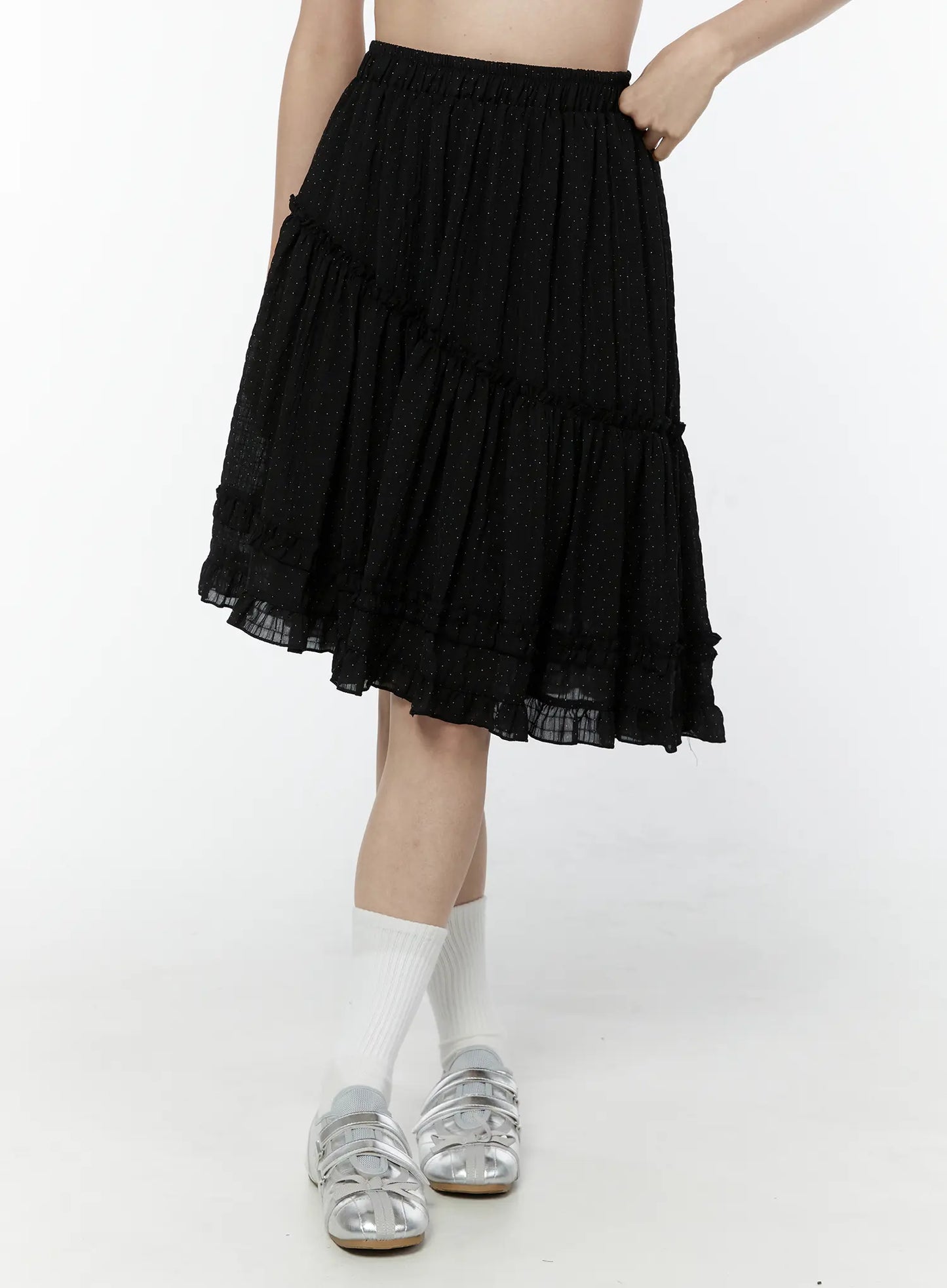 Asymmetric Ruffle Polka Dot Midi Skirt IU505
