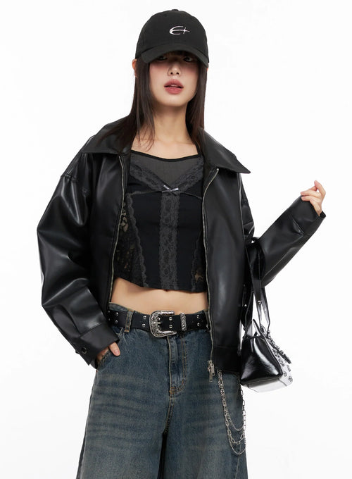 Basic Cropped Faux Leather Jacket IN507