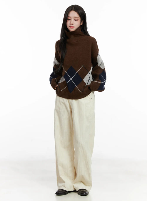 Argyle Turtleneck Knit Sweater CN526