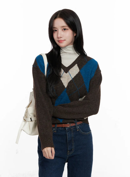 Casual Argyle Long Sleeve Knit CO522