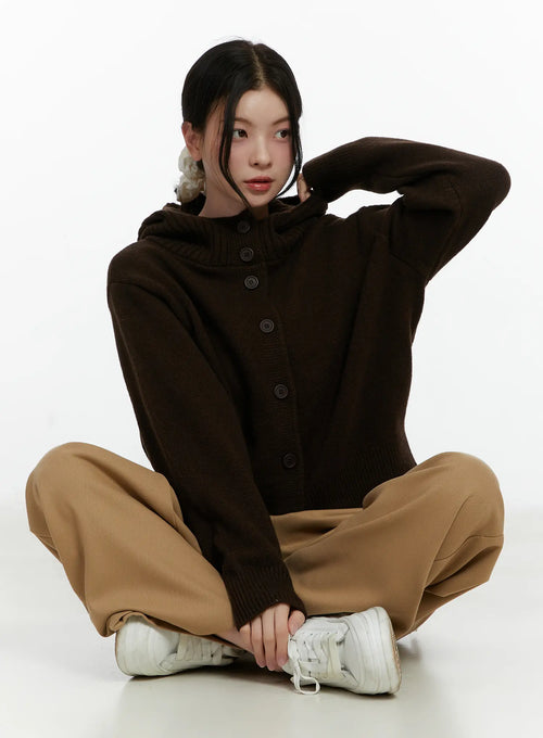 Button Hooded Knit Cardigan F502