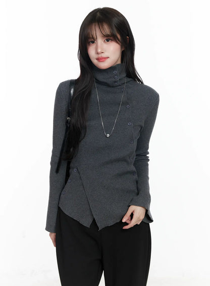 Asymmetric Buttoned Knit Top IJ529