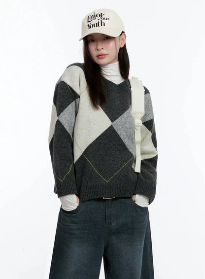 Argyle Pattern Knit Sweater ID526