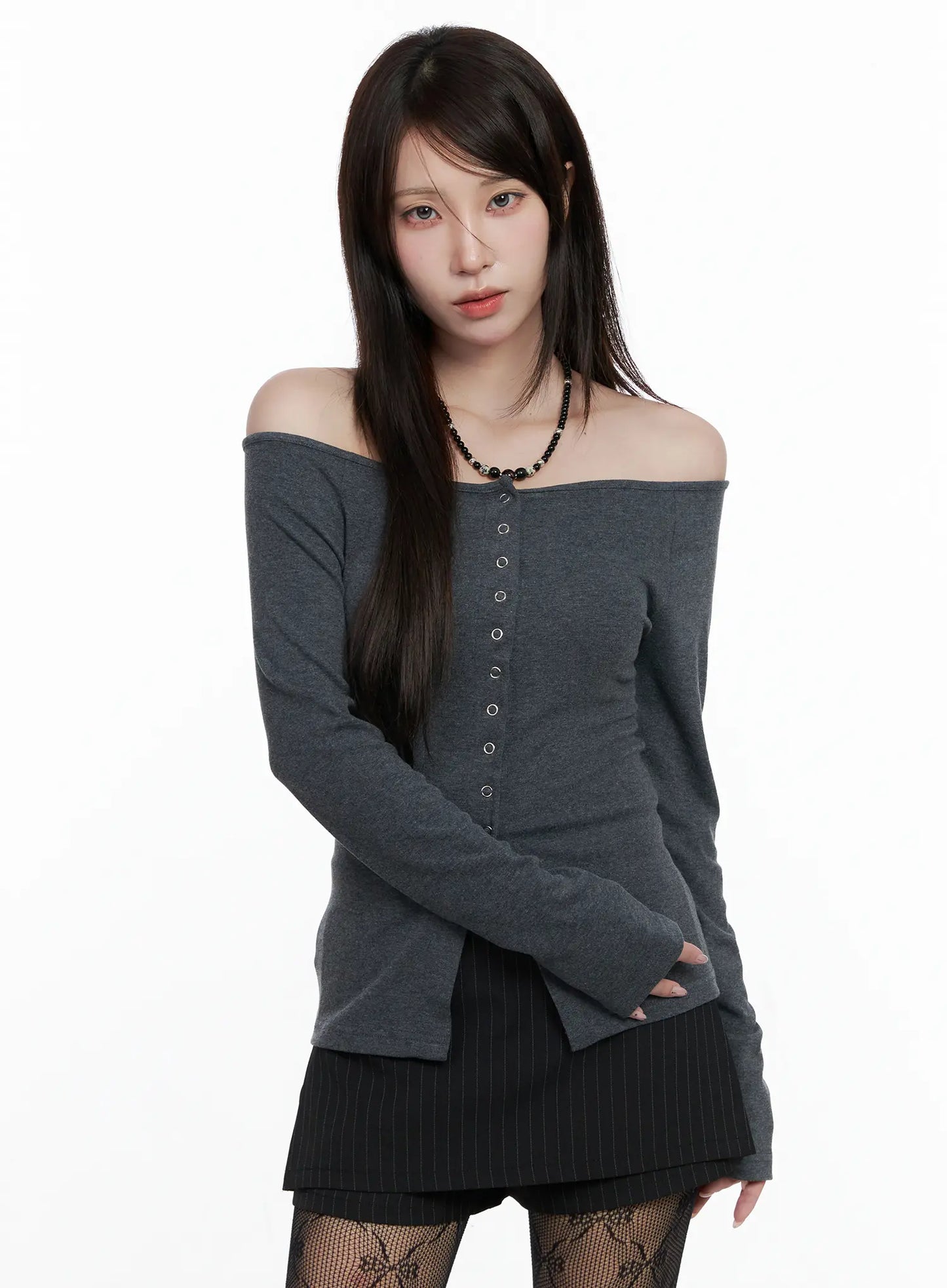 Buttoned Off-Shoulder Long Sleeve Cardigan CO520