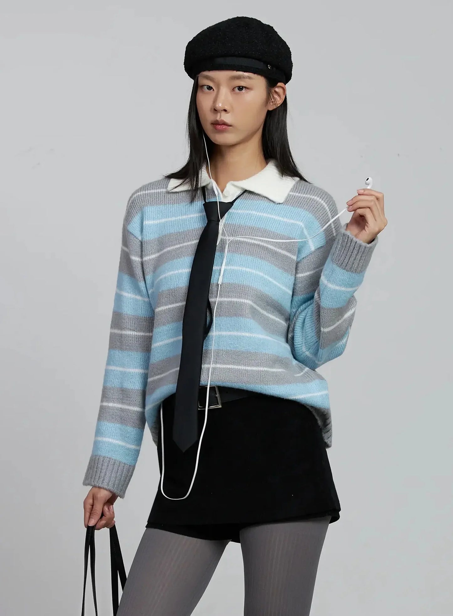 Buttoned Collar Striped Knit Sweater IM520