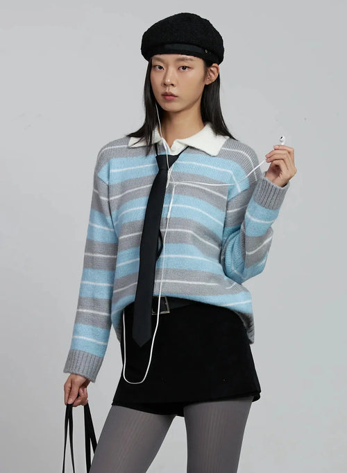 Buttoned Collar Striped Knit Sweater IM520