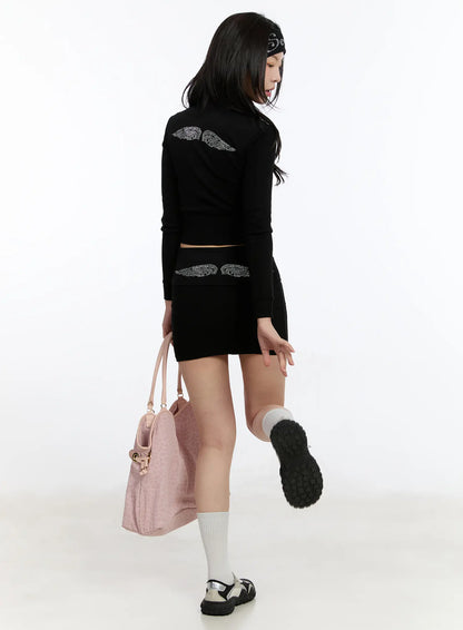 Angel Wing Embellished Zip-Up Top and Skirt Set CA507