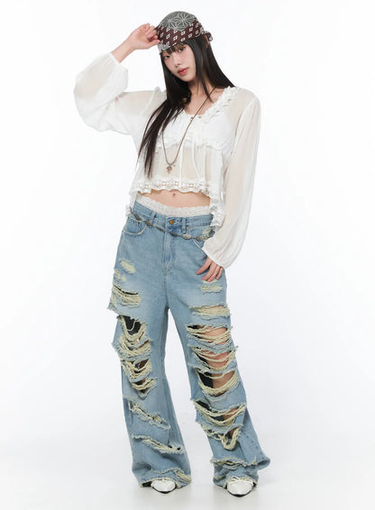 Clementine Distressed Wide Leg Jeans CA528