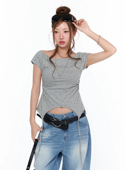 Boat Neck Star Print String Top CA514