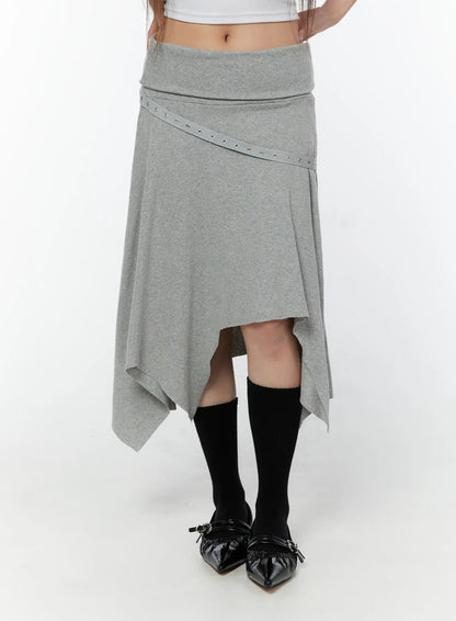 Asymmetric Hem Belted Midi Skirt CY518