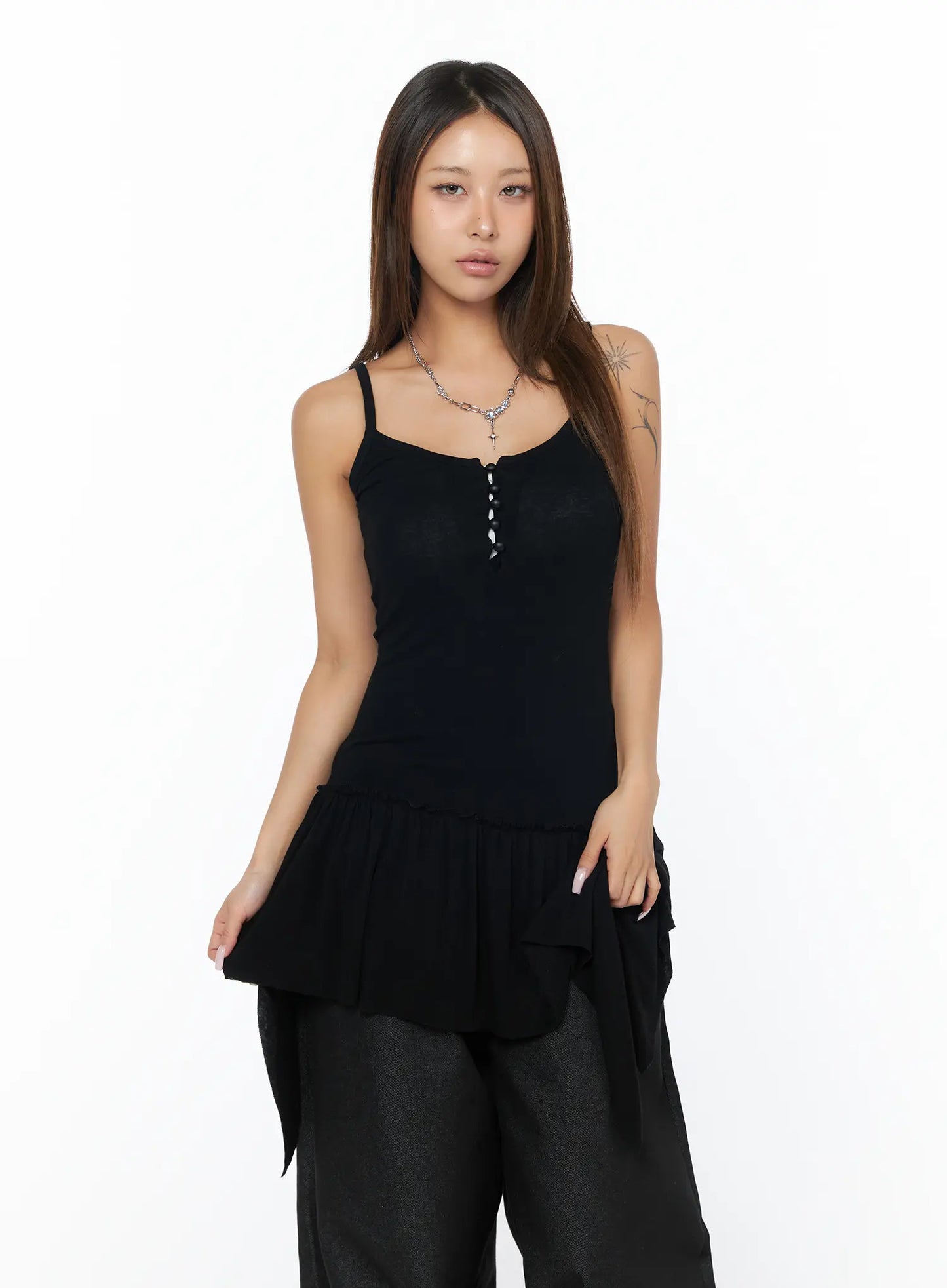 Asymmetrical Sheer Ruffle Tank Top CA516