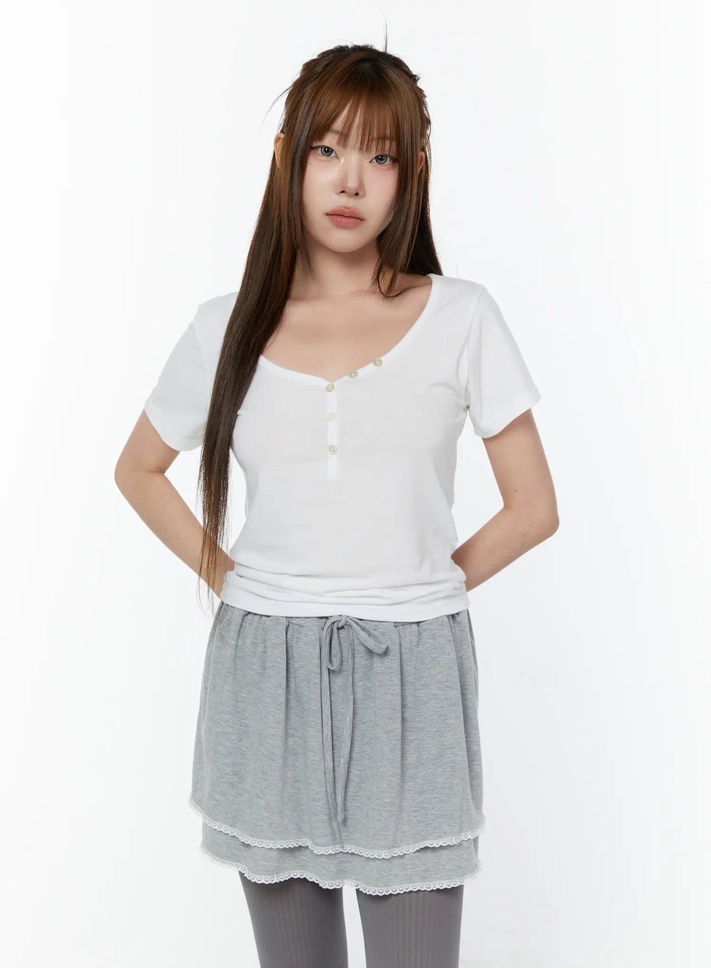 Basic Heart Neck Button Top CY519
