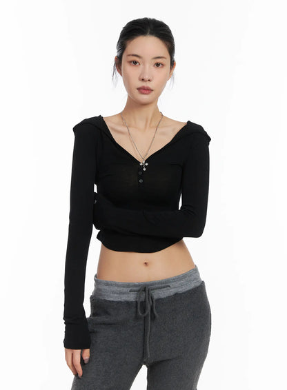 Buttoned Hooded Long Sleeve Crop Top CD509