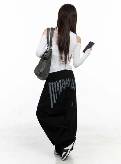 Baggy Black Graphic Cotton Pants CO521