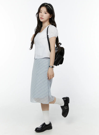 Chiffon Flare Plaid Midi Skirt IY507