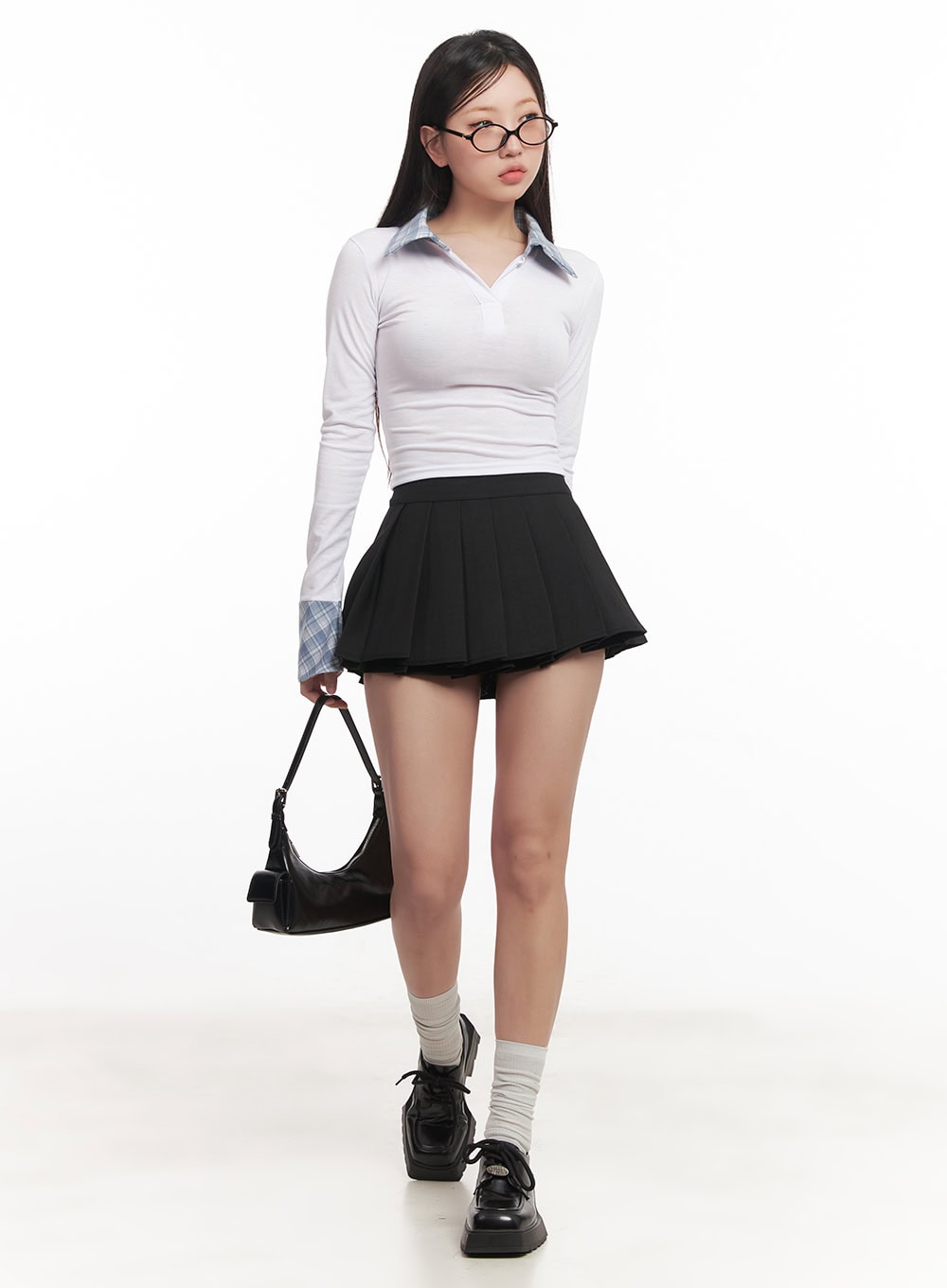 Checkered-Collar Long-Sleeve Crop Top CM531