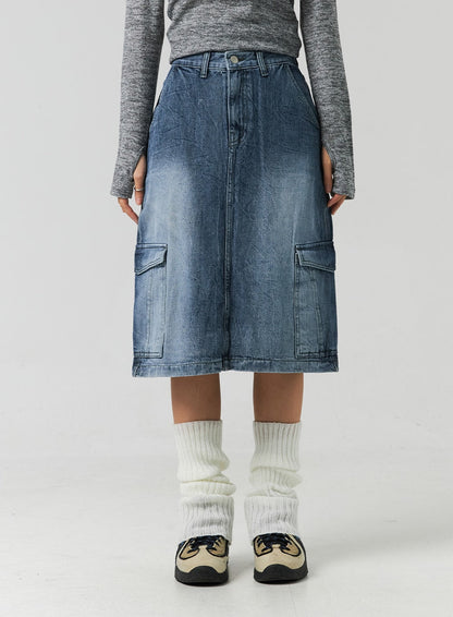 Cargo Washed Denim Midi Skirt CO323