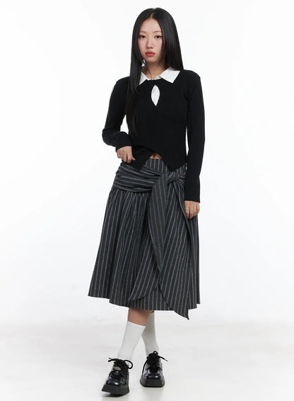 Button Wrap Collar Ribbed Long Sleeve Top CD529