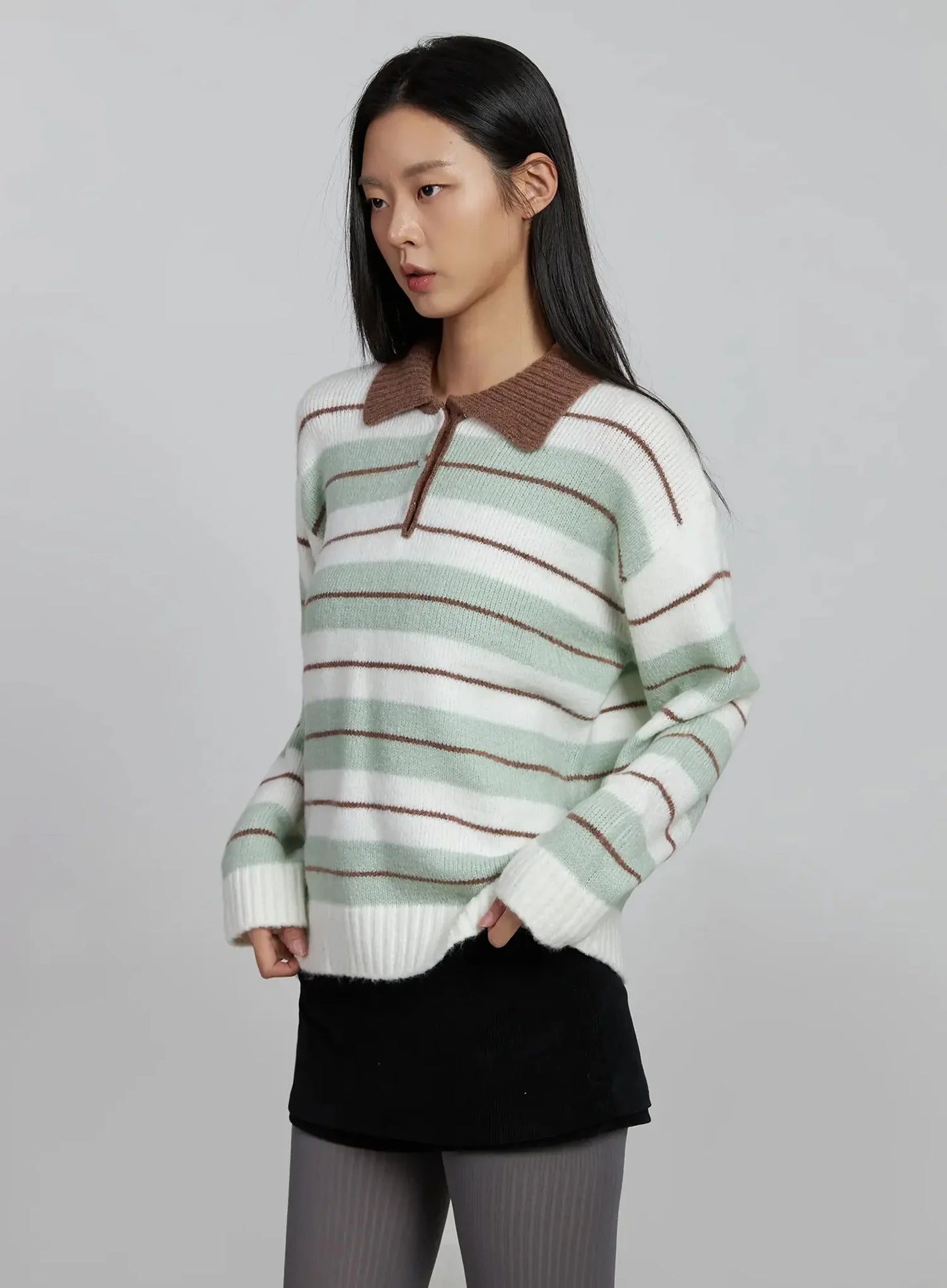 Buttoned Collar Striped Knit Sweater IM520