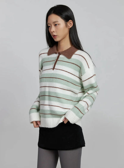 Buttoned Collar Striped Knit Sweater IM520