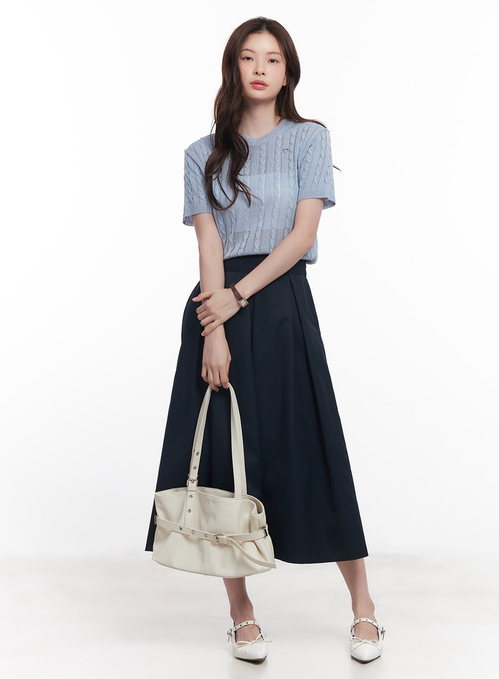 Cable-Knit Short-Sleeve Sweater CY515