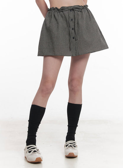 Checkered Ribbon Button Mini Skirt IY513