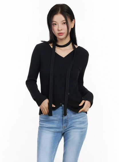 Chic V-Neck Ribbed Knit Top Set IM524