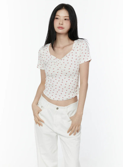 Cherry Print Sweetheart Neckline Tee IU505