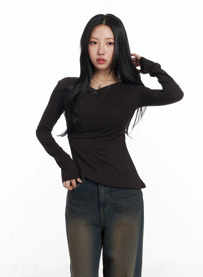 Asymmetric Ruched Long Sleeve Top CJ514