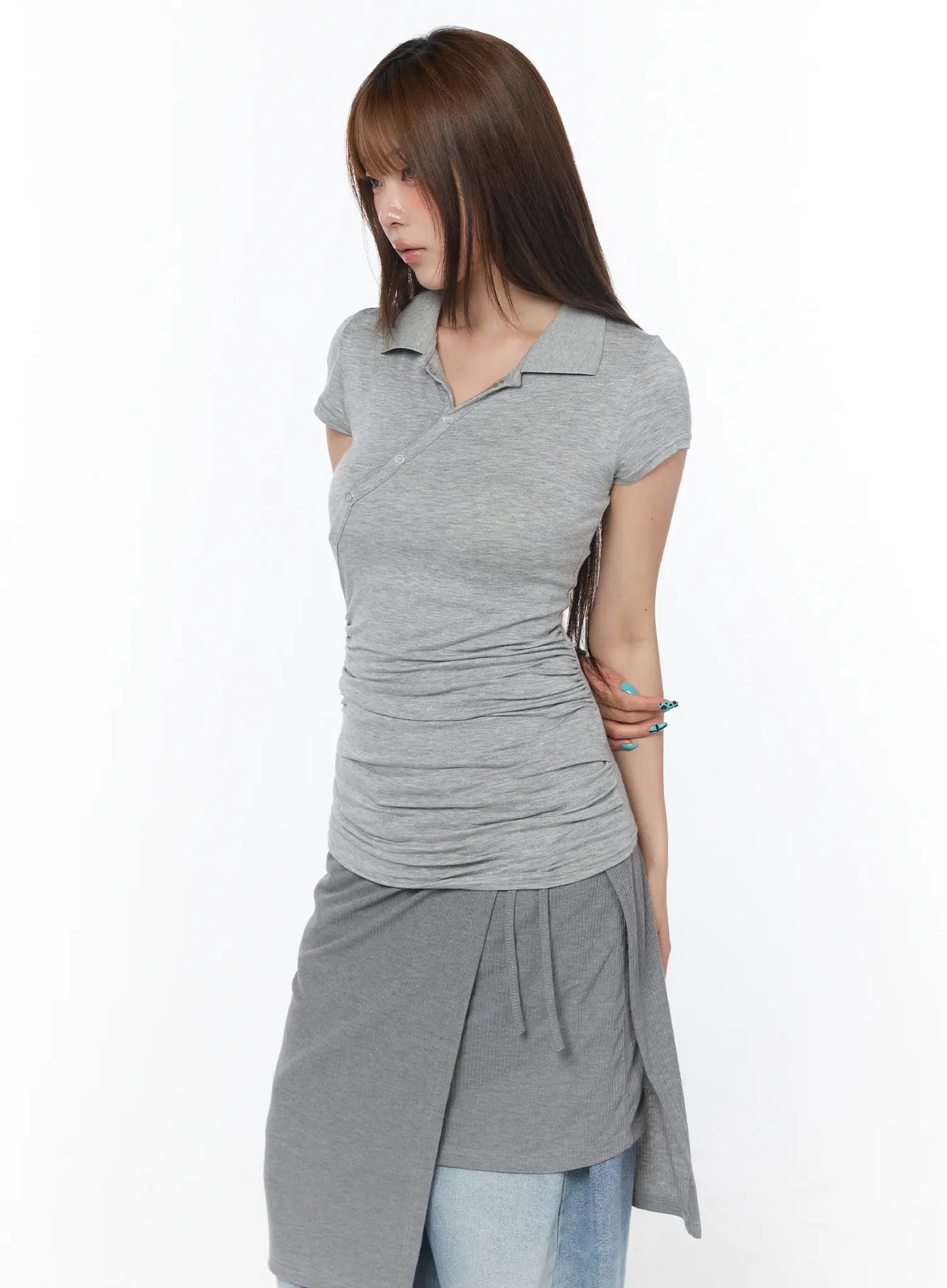 Asymmetrical Snap Collar Shirred Tee CY529