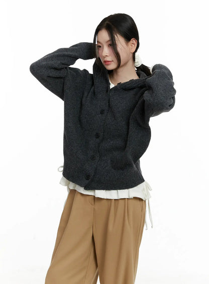 Button Hooded Knit Cardigan F502