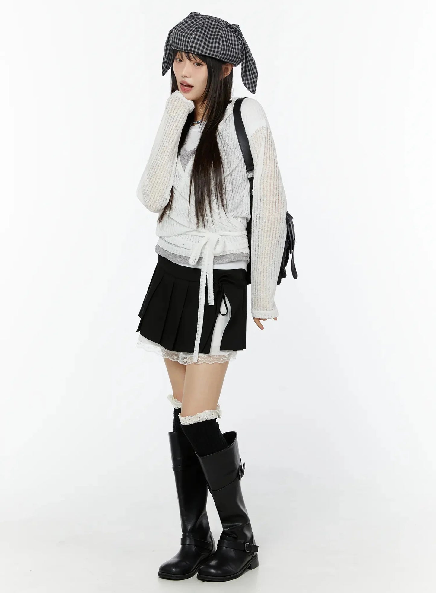Chic Pleated Ribbon Lace Trim Mini Skirt IU518