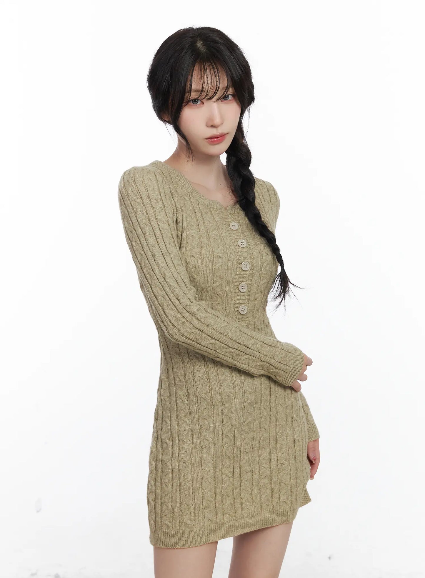 Cable Knit Button Sweater Mini Dress CJ526