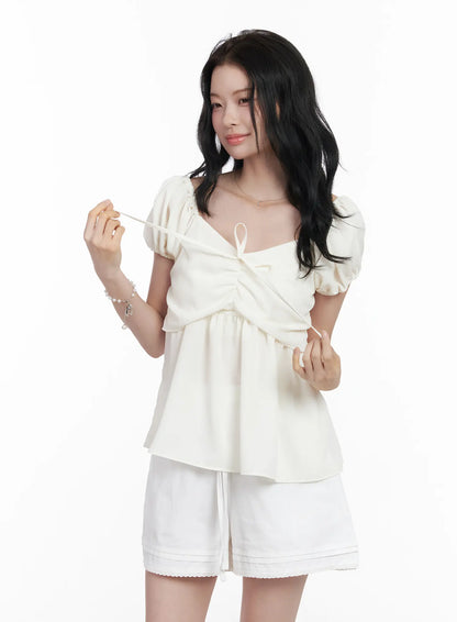 Chiffon Ruched Puff Sleeve Blouse CA510