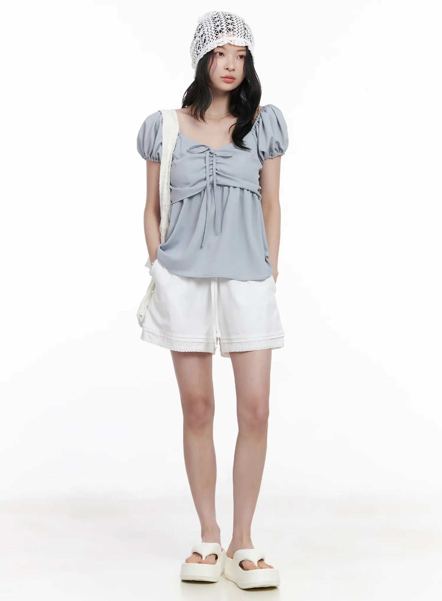 Chiffon Ruched Puff Sleeve Blouse CA510