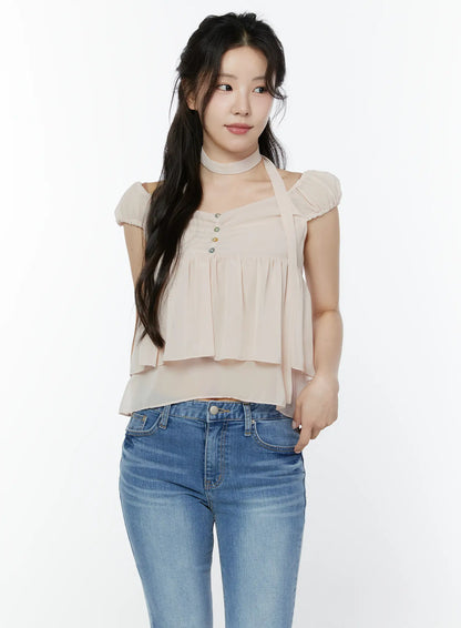 Chiffon Layered Blouse And Skinny Scarf Set IY511