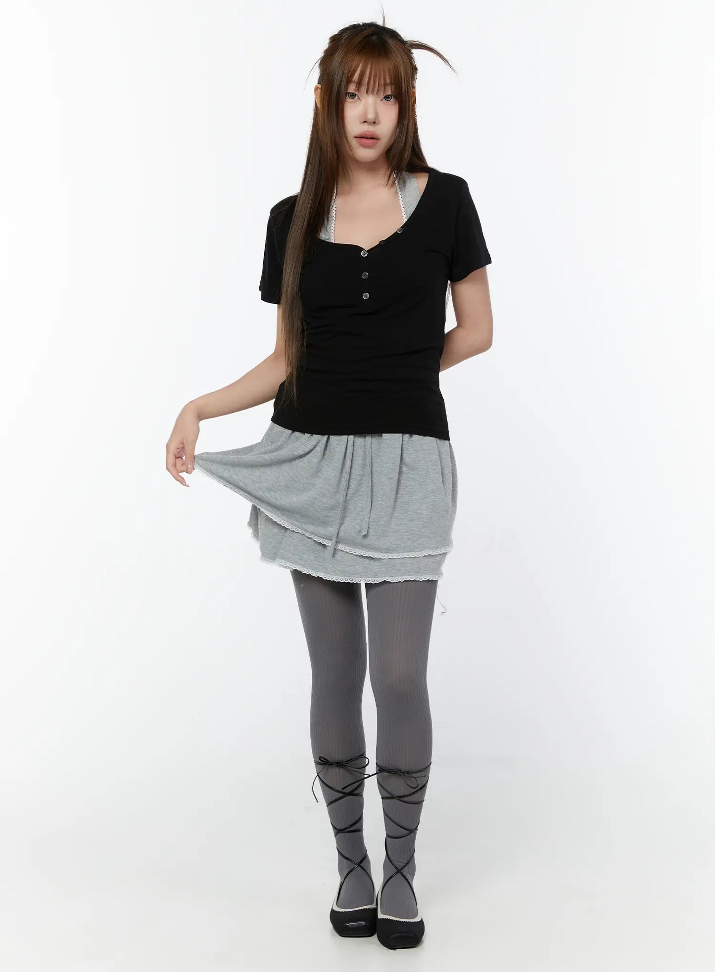 Basic Heart Neck Button Top CY519
