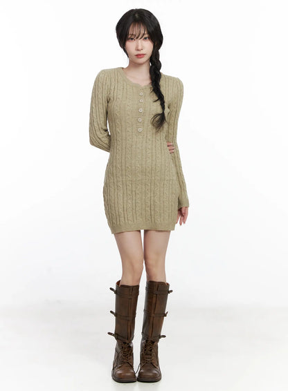 Cable Knit Button Sweater Mini Dress CJ526