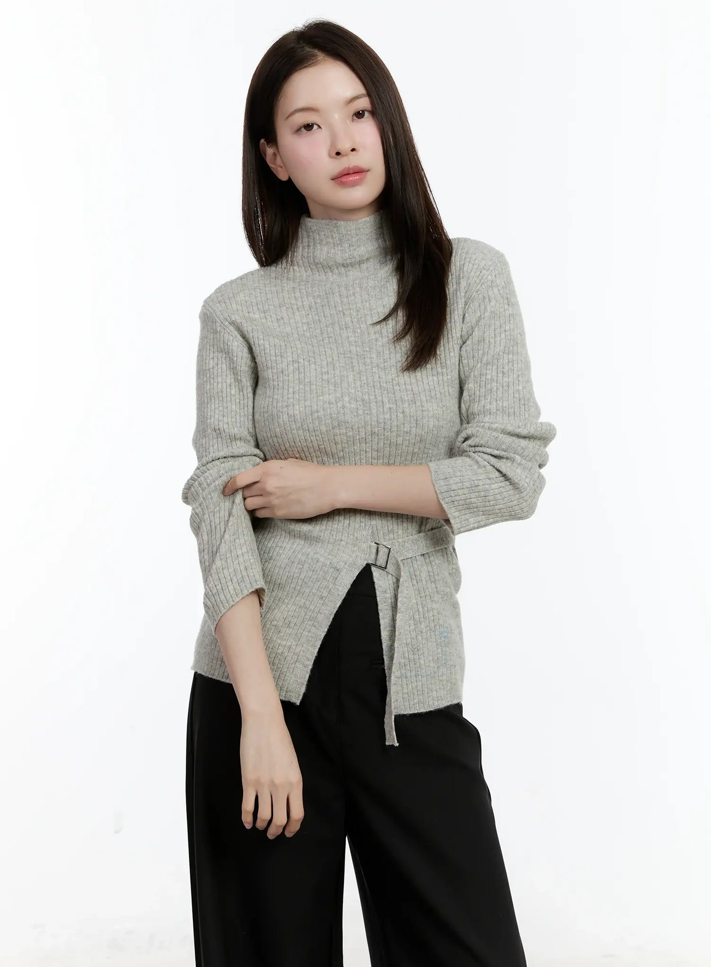 Buckle Ribbed Half Turtleneck Sweater