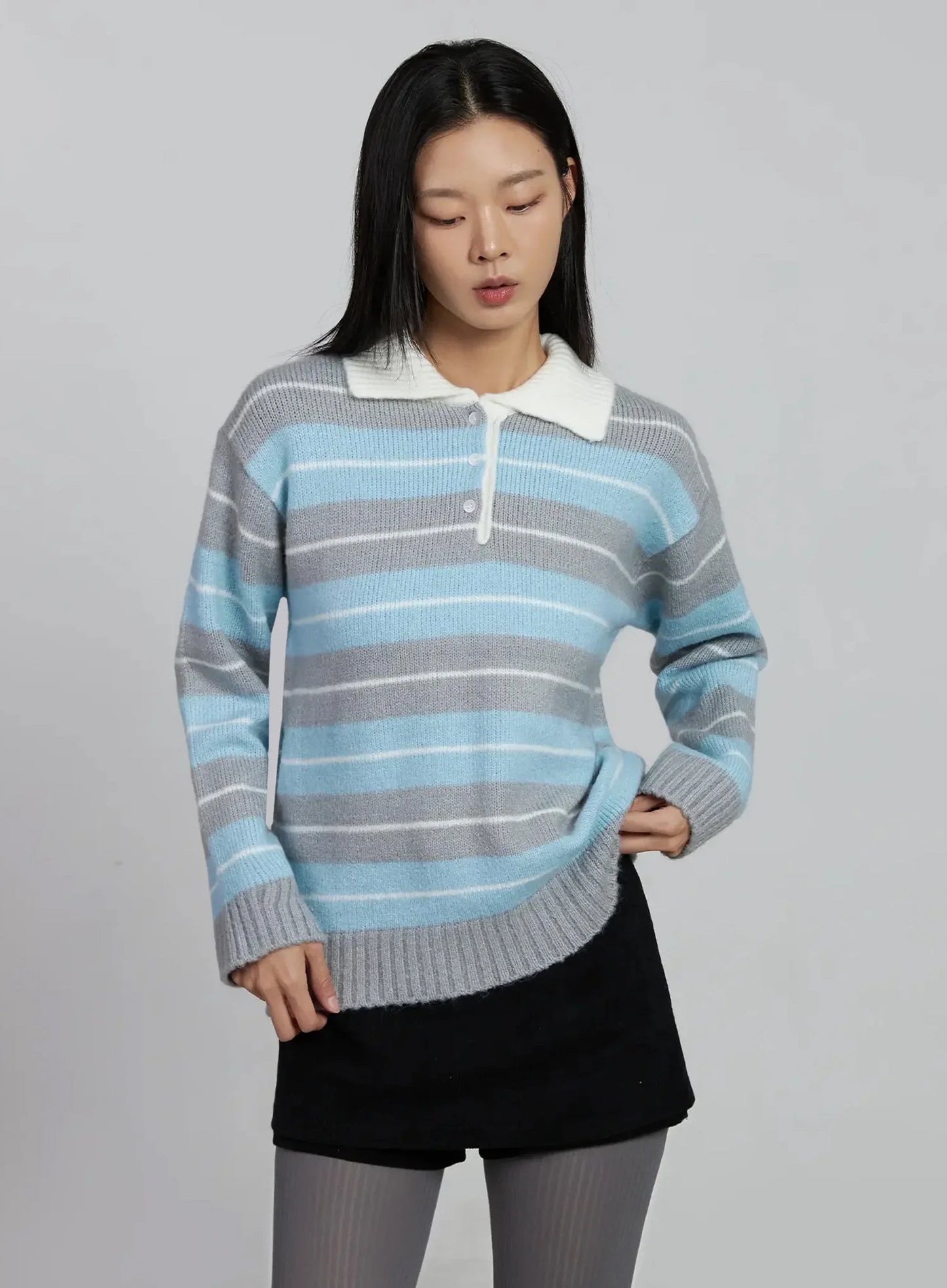 Buttoned Collar Striped Knit Sweater IM520