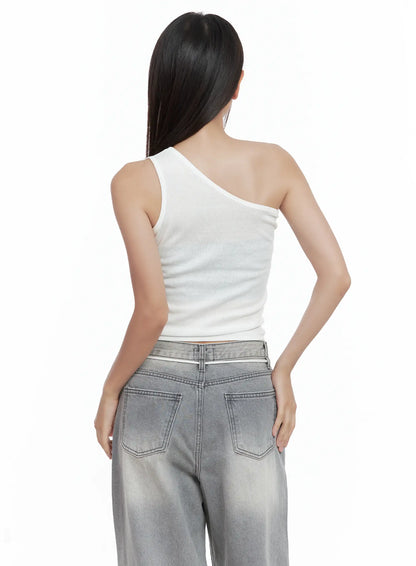 Asymmetric Graphic One-Shoulder Tank CL509