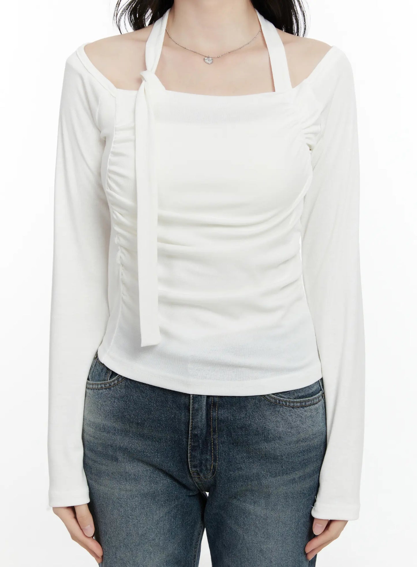 Chic Shirred Halter Long Sleeve Top F502