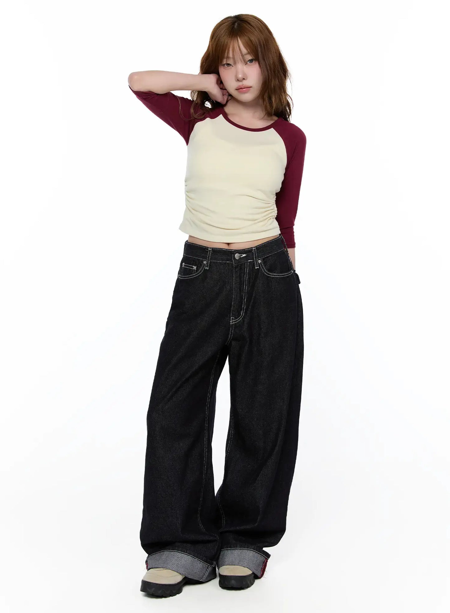 Casual Two-Tone 3/4 Sleeve Top CA521